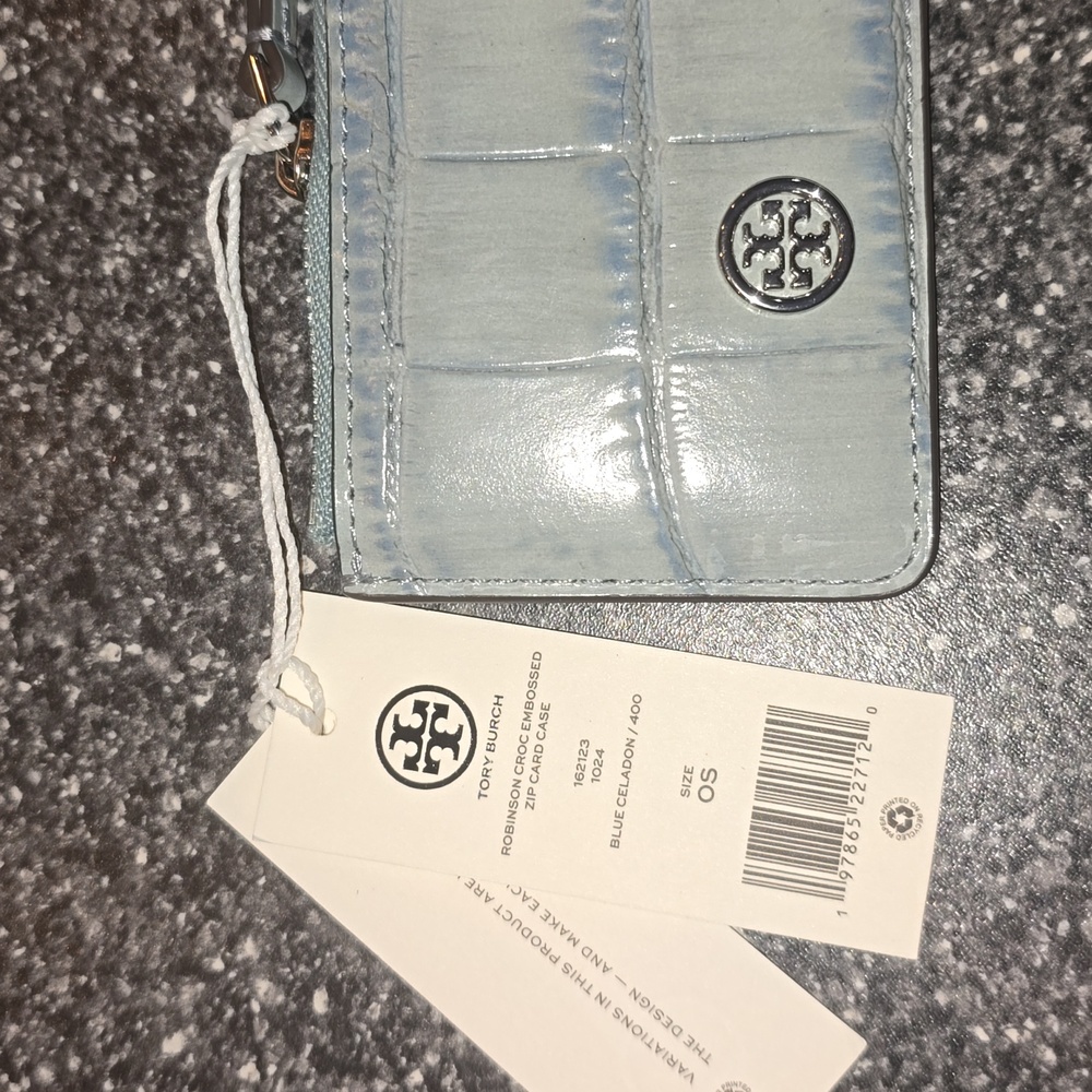 TORY BURCH Robinson Croc-Embossed Top-Zip Card Case Holder blue celadon $158 - Picture 2 of 11